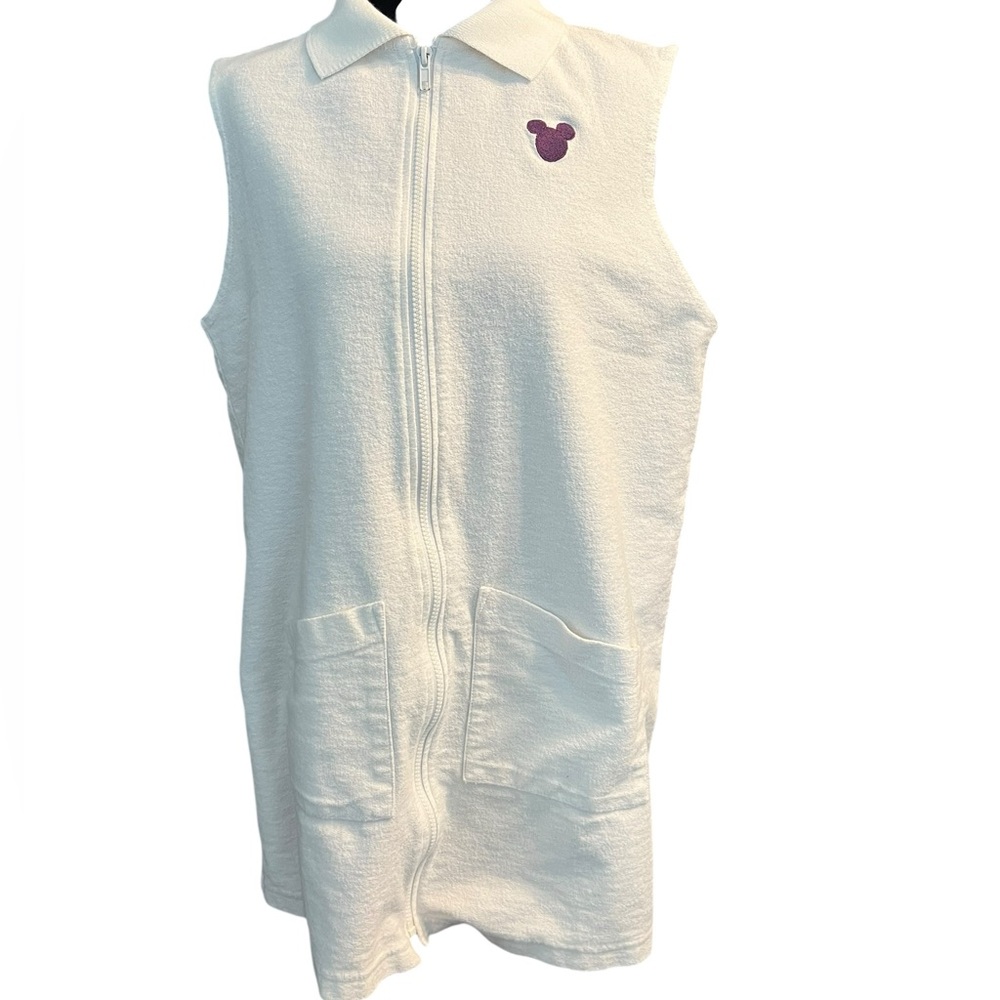 Disney White Terry Cloth Zip-Up Vest with Purple Mickey, Size L women’s